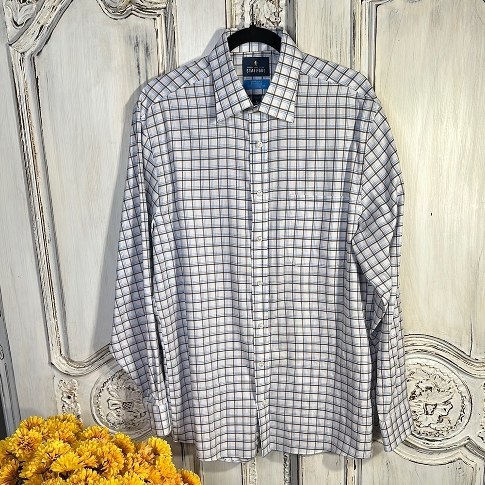 Stafford Men's White and Blue Plaid Dress Shirt